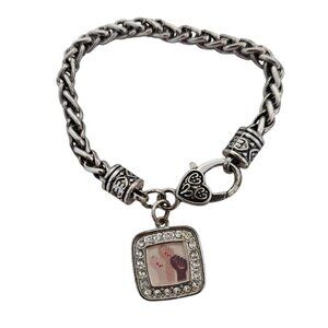 Silver-Tone Woven Bracelet with Heart Clasp & Rhinestone Charm